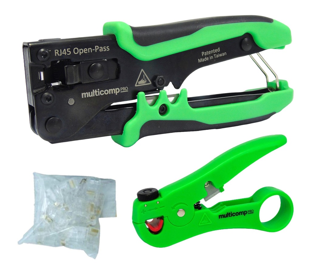 Kit d'installation modulaire Open Pass met pince à sertir modulaire, pince à dénuder en fiches modulaire RJ45 100 stuks