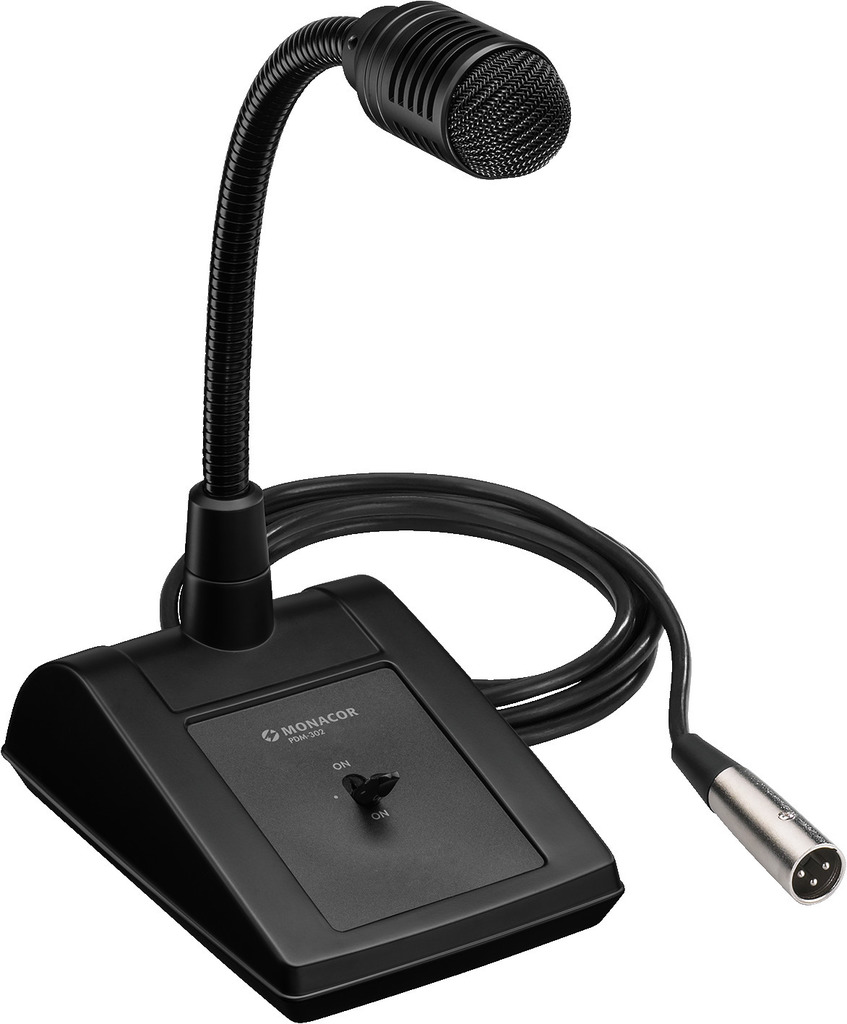 [PDM-302] Tafelmicrofoon Monacor PDM-302 PA, met cygne-kleur. Dynamique, bouton poussoir, kabel van 5 m, prijs XLR.
