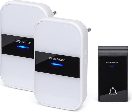 [U5D-N12*2] Aigostar - Sonnette zonder fil et 2 recepteurs enfichables, 36 sonneries, 3 niveaux de volume, portée 150 m - IP44, zwart/blanc
